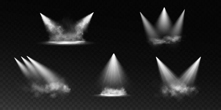 An image featuring multiple white spotlights shining at various angles, with light beams diffused through a subtle mist, set against a transparent checkered background.
