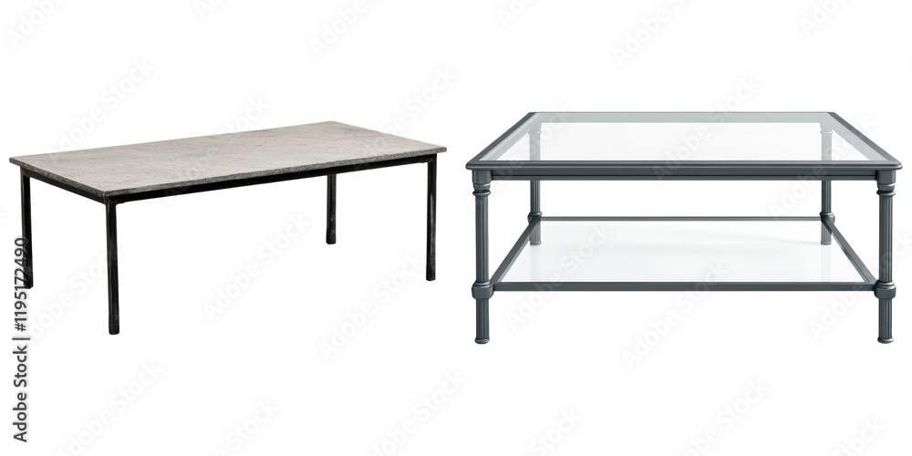 Poster industrial chic decor concept. two tables with different designs and materials displayed side by sid