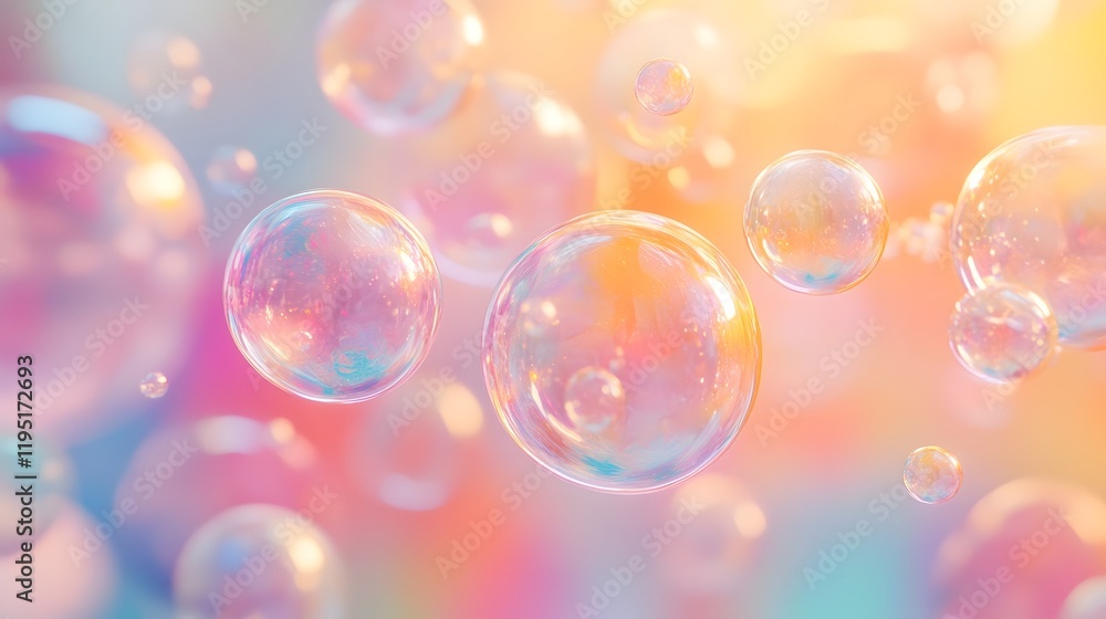 Poster ethereal and captivating abstract image featuring floating bubbles in a soft pastel color palette wi