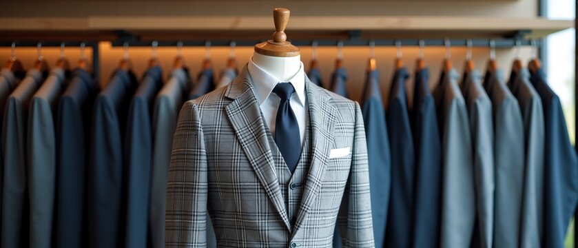 Stylish grey checkered suit displayed in a modern tailor shop with rows of classic suits in the background