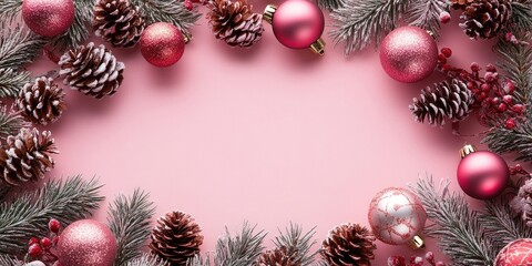 Festive pink tabletop adorned with Christmas decorations including ornaments pine cones and blank greeting card for personalized messages
