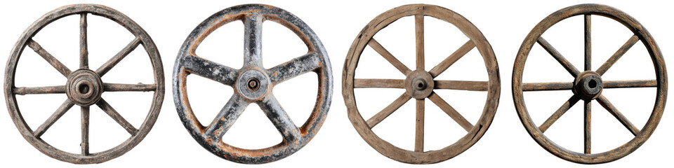 Obraz premium Industrial Chic Decor concept. Four vintage wheels with varying designs and textures against a black background.