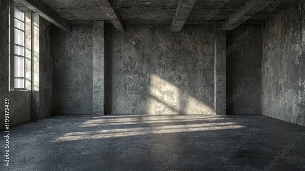 Poster an empty concrete room with sunlight streaming through a window creating stark shadows
