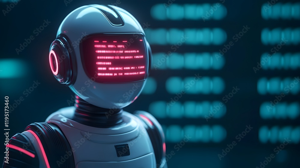 Poster futuristic holographic chatbot avatar in workspace with interactive digital interface