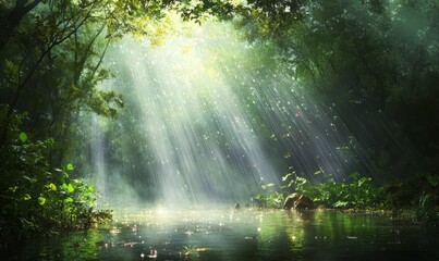 Obraz premium Sunlit rain falls on lush green forest, tranquil stream.