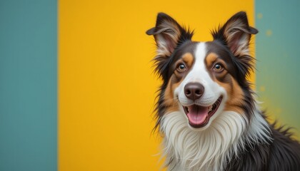 Fototapeta premium Happy Australian Shepherd Dog Against a Yellow and Blue Background
