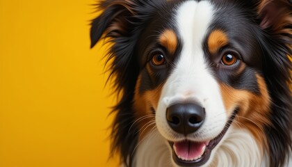 Close-Up Portrait of an Australian Shepherd Dog on a Yellow Background