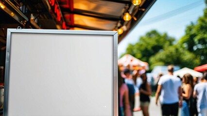 Blank sign in a bustling outdoor market with people socializing and food stalls in the background