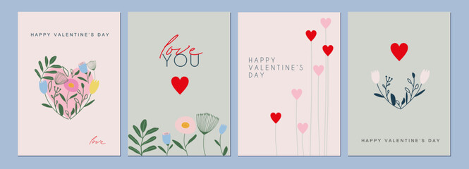 Fototapeta premium Happy Valentines Day cards set. Modern abstract art design with hearts and modern typography. Templates for celebration, ads, branding, banner, cover, label, poster, sales 