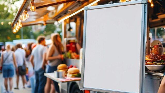 Busy food truck scene with people enjoying outdoor dining and vibrant food options available