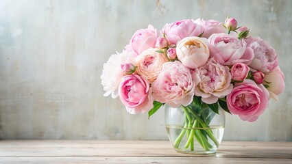 Freshly cut bunch of pastel pink peonies and roses arranged in a vase , spring, roses,  spring, roses, nature, floral