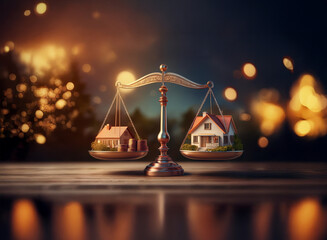 A scale of justice balances two miniature houses, one older, one modern, symbolizing property value comparison or real estate decisions.  The warm lighting suggests a thoughtful process.