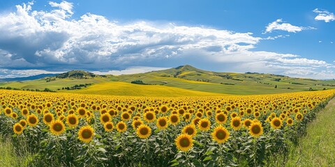 Obraz premium Vibrant sunflower field stretching across rolling hills under a bright blue sky with fluffy white clouds, creating a peaceful afternoon landscape.