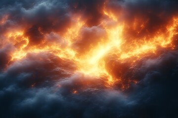 Fototapeta na wymiar Fiery orange and yellow light bursts through dark, stormy clouds.