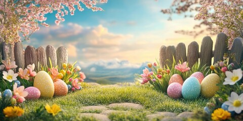 Springtime Easter backdrop featuring colorful eggs in pastel hues surrounded by flowers and a wooden fence against a serene landscape with a bright sky.
