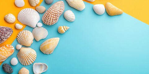 Vibrant seashells and pebbles on a split yellow and blue background arranged to create ample negative space for text placement.