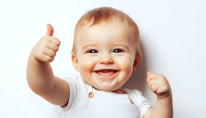 Adorable baby smiling and giving a thumbs up on a white background