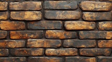 Obraz premium Close-up view of an old, weathered brick wall with varying shades of brown and dark accents, showing a rustic texture and aged appearance. Suitable fo