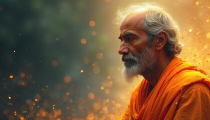 Naklejka premium Old Man with Beard in Orange Robe Standing Against Blurred Background