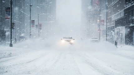 A blizzard blankets city streets obscuring vehicles in snow