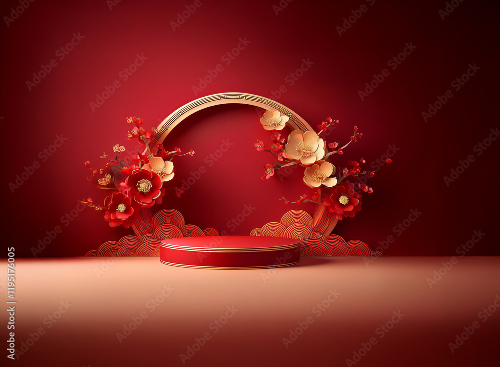 Aufkleber elegant red and gold podium adorned with paper flowers and circular frame against a rich red backdro