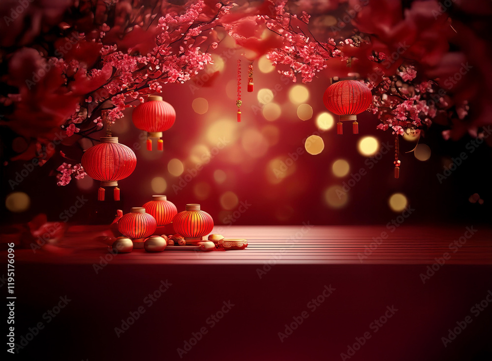 Poster red lanterns and blossoming plum branches adorn a dark red background, creating a festive and celebr