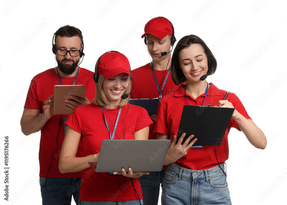 Poster technical support call center. team of friendly operators working on white background