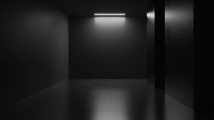 Minimalist black corridor with linear lighting and reflective black surfaces