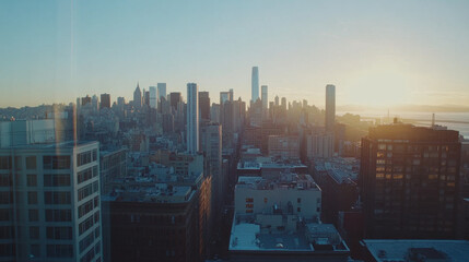 Fototapeta premium Stunning city skyline at sunset with tall buildings and warm light