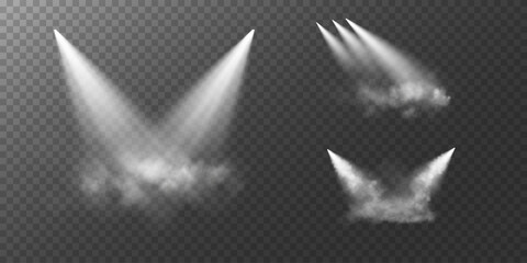 An image featuring multiple white spotlights shining at various angles, with light beams diffused through a subtle mist, set against a transparent checkered background.