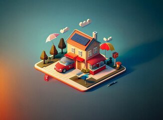 Obraz premium Charming low-poly illustration of a house with solar panels, red car, and whimsical outdoor elements. A peaceful suburban scene rendered in isometric perspective.