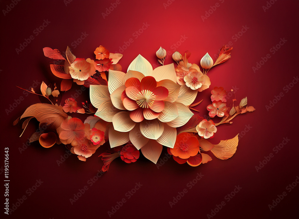 Poster intricate paper flowers in warm oranges and reds arranged against a deep maroon background. the desi