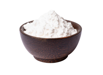 White flour (powder) in wooden bowl isolated transparent background.