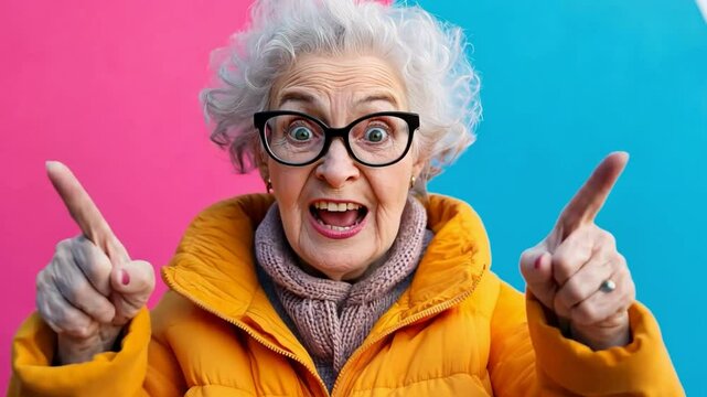 Senior woman expressing excitement and joy with outstretched arms against a colorful backdrop.