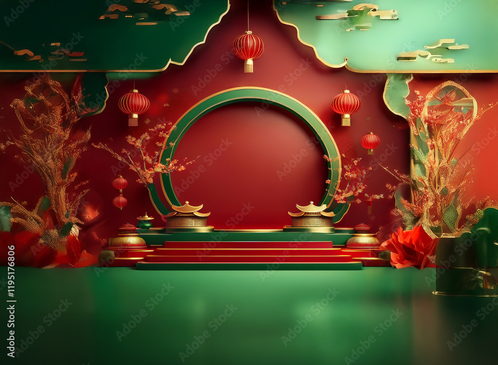Poster a festive scene with a circular red and gold display platform, flanked by blossoming branches and re