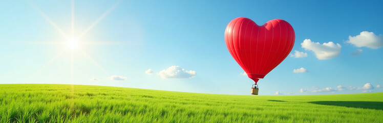 Fototapeta premium A Red Hot Air Balloon Shaped Like A Heart Soars Above A Lush Green Field On A Sunny Day. 00003
