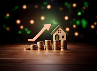 A small house model sits atop a rising stack of gold coins, with an upward trending arrow, all set against a bokeh background. This symbolizes increasing home value and financial growth.