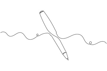 Pen continuous one line drawing and ball pen icon isolated outline flat vector illustration