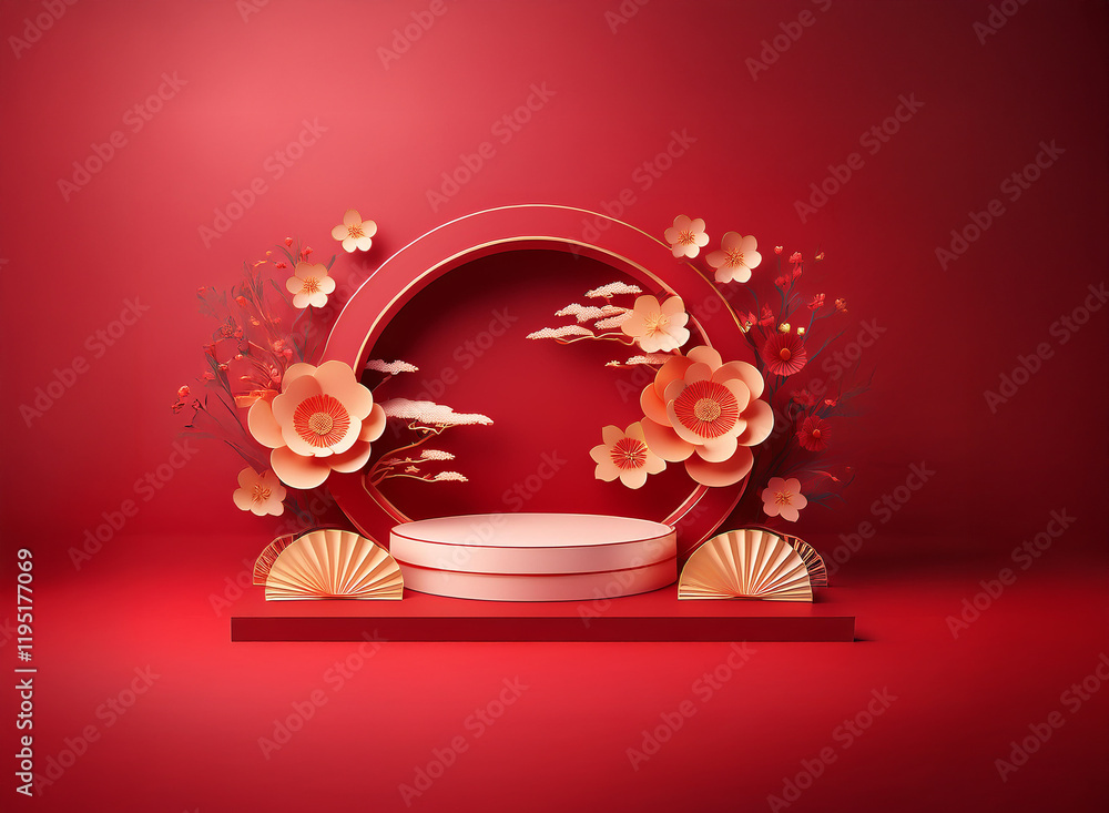 Poster elegant red and gold circular display stand adorned with paper flowers and fans. perfect for showcas