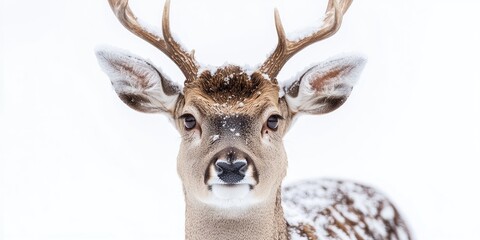 Obraz premium Fallow buck deer with snow-capped antlers against a bright white backdrop gazes directly into the camera showcasing winter landscape details