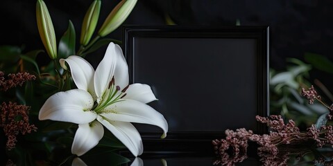 Elegant white lily flower positioned left with dark memorial frame center, surrounded by green leaves and subtle purple accents on dark background