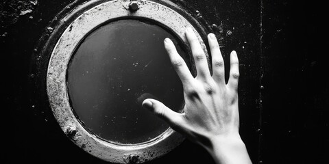 Female hand reaching through a circular porthole on a dark background with a metallic frame creating a contrast in black and white tones