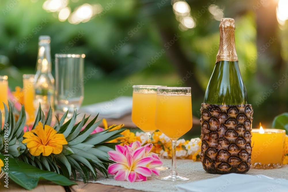 Poster summer picnic features tropical drinks and fresh pineapples surrounded by colorful flowers and natur