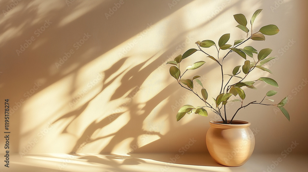 Poster minimalistic concept of a green plant in front of a beige wall with sunlight streaming through a win