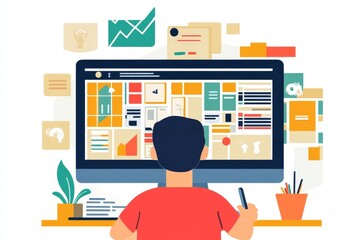 Website planning. Web designer working on website sitemap. Flat lay, Generative AI