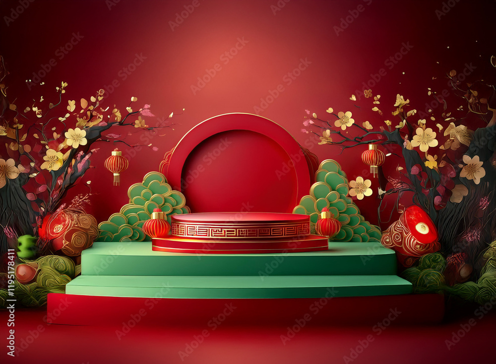 Poster elegant red and green tiered display platform adorned with blossoming branches, lanterns, and auspic