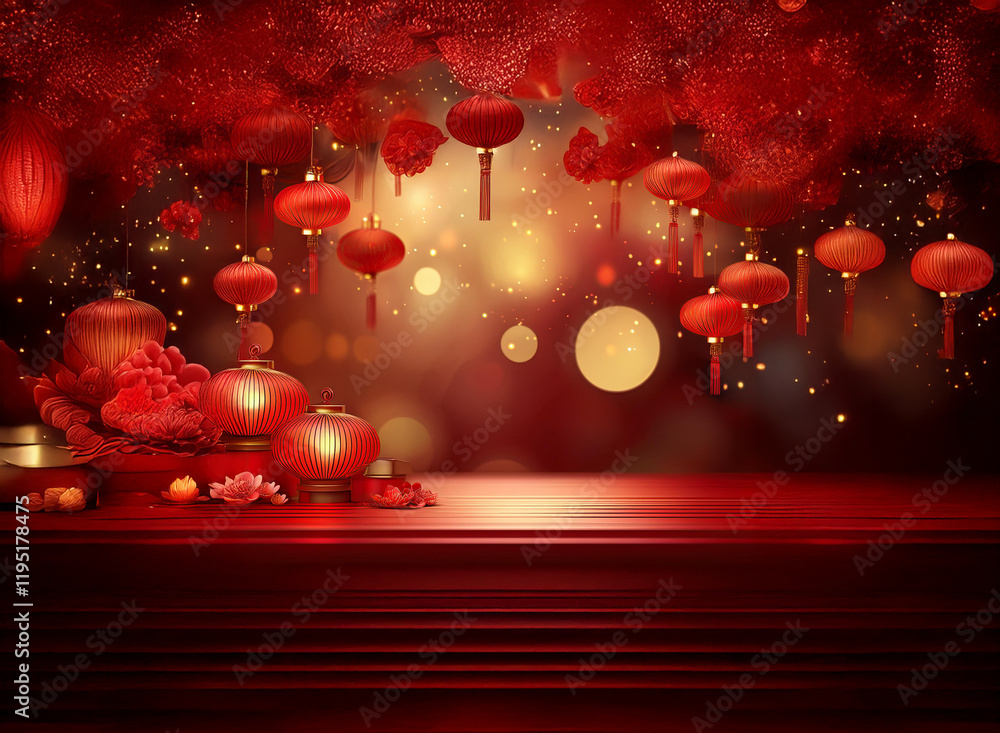 Poster red lanterns and flowers hang above a dark red wooden surface, creating a festive, celebratory atmos