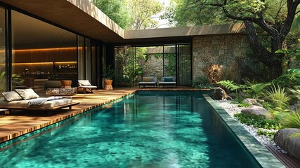 Tropical Oasis: Immerse yourself in the tranquility of a modern architectural retreat. A shimmering pool surrounded by lush greenery, wooden loungers.