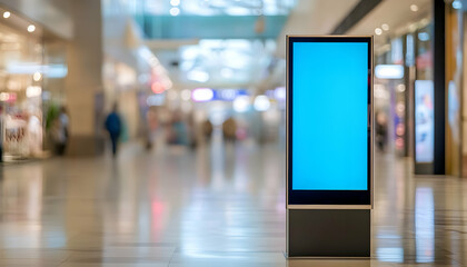 Advertising digital screen on pillar in shopping mall Vertical OOH out-of-home poster display in retail environment Out-of-focus bokeh effect in background