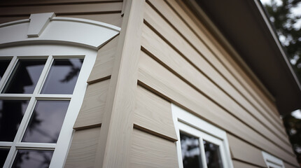 Modern House Exterior: Wood Siding, Classic Window Design. High-quality image showcasing the architectural details of a residential building's exterior.